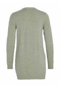 Long-sleeve cardigan in soft, light green knit fabric with a ribbed hem and cuffs. Features a simple, straight design with side pockets.