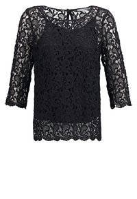 Blouse en dentelle noire à motif floral, manches trois-quarts et ourlet festonné, avec un col rond et une fermeture au dos par bouton à fente.