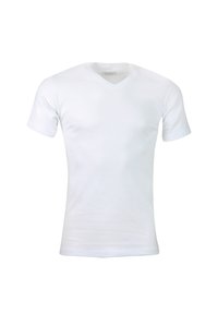 T-shirt blanc à manches courtes avec un col en V. Fabriqué en tissu doux, il présente une coupe ajustée et des détails de couture minimaux.