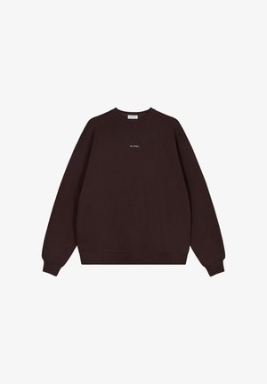 Bruine sweatshirt met een ronde hals, lange mouwen en een kleine witte logo-tekst "OH APRIL" gecentreerd op de voorkant. Zachte stoftextuur.