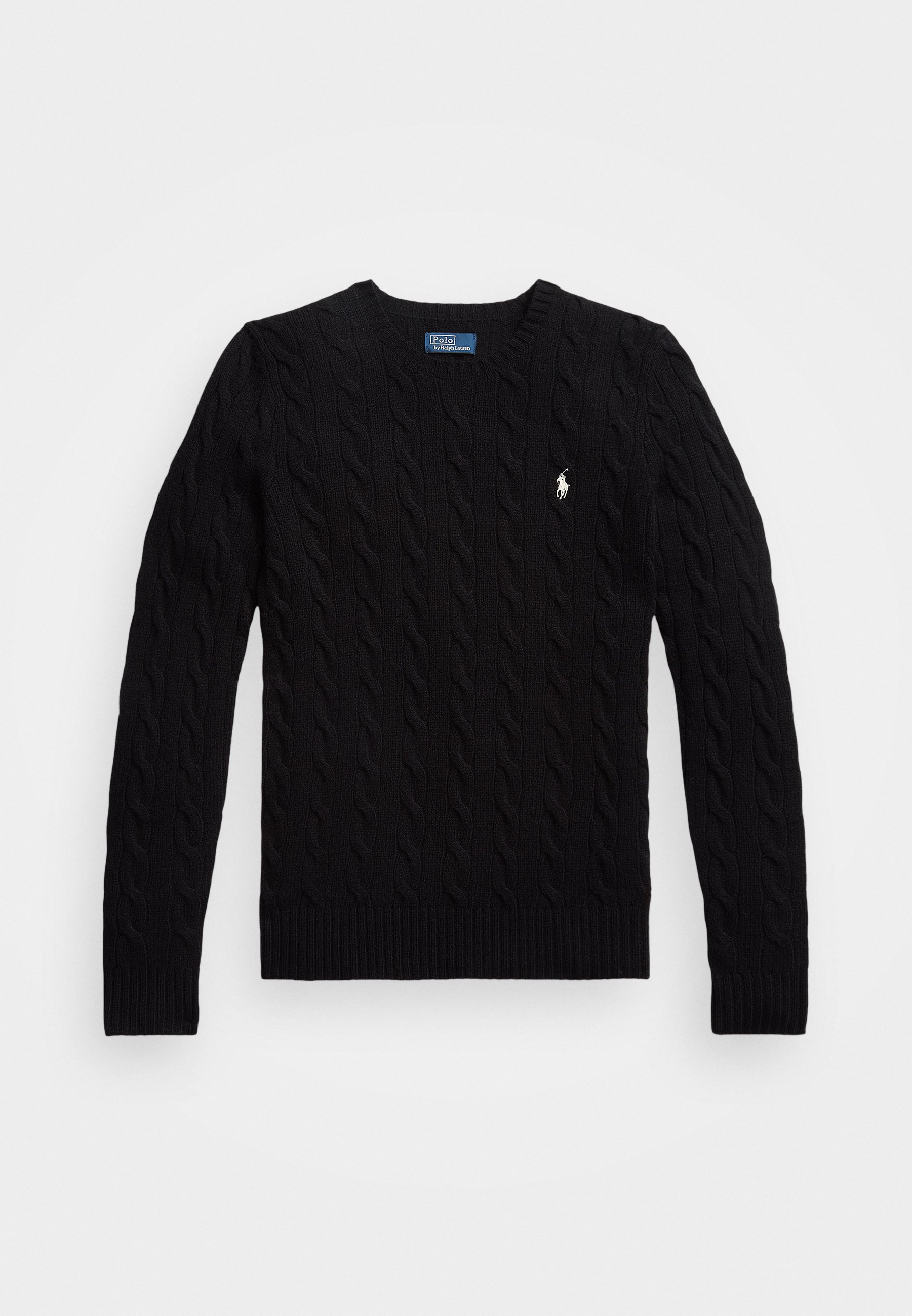 Črna pulover z pleteno strukturo in V-izrezom, rebrastim robom ter dolgimi rokavi; vsebuje majhen bel logotip na levem prsnem delu.