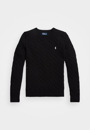 Maglione nero a treccia con scollo a V, orlo a costine e maniche lunghe; presenta un piccolo logo bianco sul lato sinistro del petto.