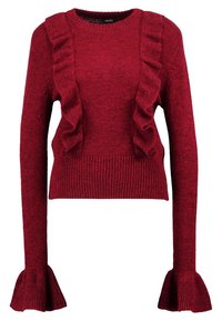 Roter Strickpullover mit Rüschendetails an den Ärmeln und am Körper, mit gerippten Bündchen und Rundhalsausschnitt.