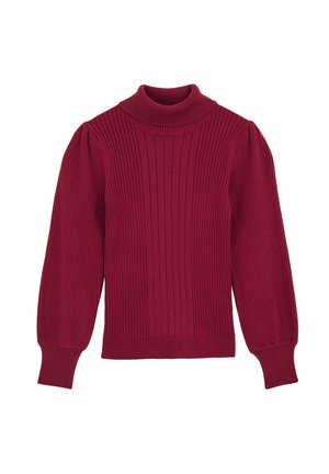 Pull à col roulé bordeaux côtelé avec des manches longues bouffantes et des poignets ajustés. Texture lisse avec des rayures verticales et un col haut.