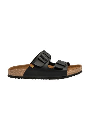 Sorte to-rems sandaler med justerbare spænder, korkindlæg og sort gummisål. Fladt design med glat tekstur og robust konstruktion.