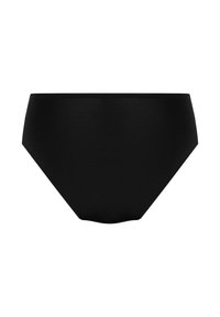 Schwarzer Bikini-Höschen mit hochgeschnittenem Design, glatter Textur, minimaler Naht und klassischem Schnitt für Bedeckung.