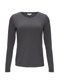 Langarmshirt in donkergrijs, gemaakt van gladde stof met een ronde halslijn en een getailleerde silhoutte; geen patronen of hardware-details zichtbaar.