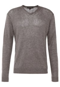Pull tricoté pour hommes de couleur marron moyen, col en V, manches longues, poignets et ourlet côtelés, étiqueté Michael Kors.