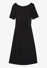 Černé šaty s výstřihem do U a krátkými rukávy. Přiléhavý živůtek s vysokým pasem, splývavá sukně, vyrobené z měkké, hladké látky.