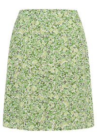Blomsterkjole med et let, tekstureret stof, der har et grønt og gult blomstermønster på en lys baggrund. Elastik i taljen.