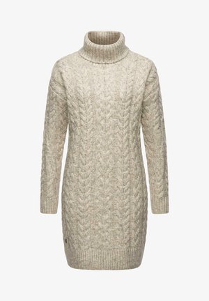 Pull à col roulé en tricot beige clair. Présente un motif en relief en corde, des manches longues, ainsi que des poignets et un ourlet côtelés. Tissu doux et confortable.
