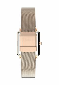 Goldfarbene Metalluhr mit rechteckigem Gehäuse, Mesh-Armband und minimalistischem Design. Der Markenname "TIMEX" ist auf der Rückseite eingraviert.