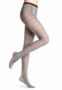 Collant opachi neri e grigi con un design a pelle di serpente, caratterizzati da una texture liscia e una vita elastica nera.