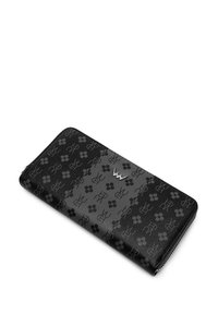 Black wallet with a zip closure, made of leather, featuring a pattern of floral accents and logo designs in a darker shade.