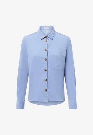 Camicia button-up azzurro chiaro con maniche lunghe, colletto e una tasca sul petto. Presenta bottoni marroni e una finitura di tessuto testurizzato.