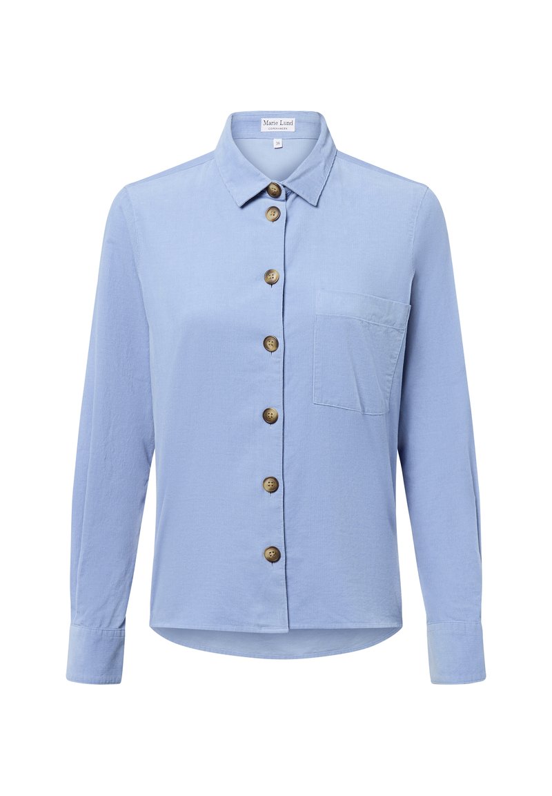 Light blue button-up shirt with long sleeves, a collar, and a single chest pocket. Features brown buttons and a textured fabric finish.
