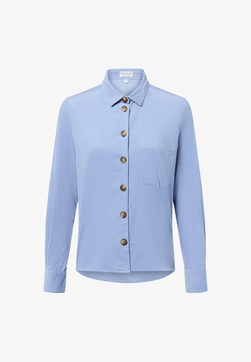 Light blue button-up shirt with long sleeves, a collar, and a single chest pocket. Features brown buttons and a textured fabric finish.