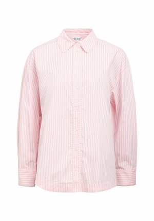 Long-sleeve light pink shirt with thin vertical red stripes, button-down front, scalloped collar, and cuffs.