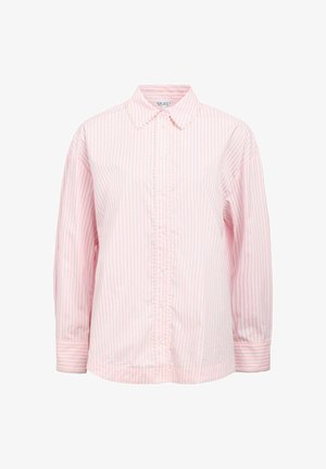 Long-sleeve light pink shirt with thin vertical red stripes, button-down front, scalloped collar, and cuffs.