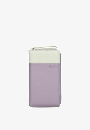 Compact wallet in light purple and cream, with textured surface, zipper closure, and wrist strap on top.