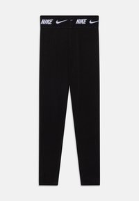 Black leggings made of stretchy fabric, featuring a white Nike logo waistband. Smooth texture and fitted design for a sleek look.