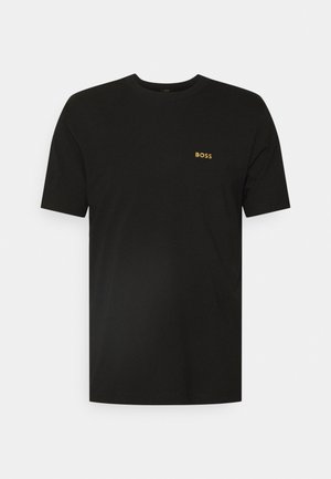 Black short-sleeve t-shirt with a small gold "BOSS" logo on the left chest, displayed against a plain white background.