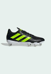 Zwarte voetbalschoenen met neon groene accenten, met een gestructureerde leren bovenkant, zes metalen noppens en een slank ontwerp.
