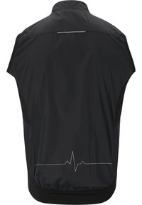 Schwarze ärmellose Jacke aus leichtem, strukturiertem Stoff. Mit einem reflektierenden Streifen und einem Grafikdesign der Herzschlaglinie auf dem Rücken.