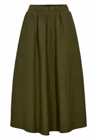 Jupe vert olive de longueur moyenne en tissu texturé. Elle possède une ceinture élastique et un design ample et froncé pour le volume.