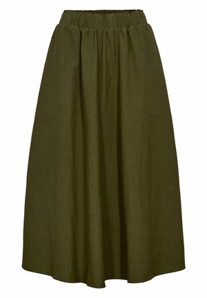 Falda de longitud media en verde oliva, hecha de tela texturizada. Presenta una cintura elástica y un diseño completo y fruncido para dar volumen.