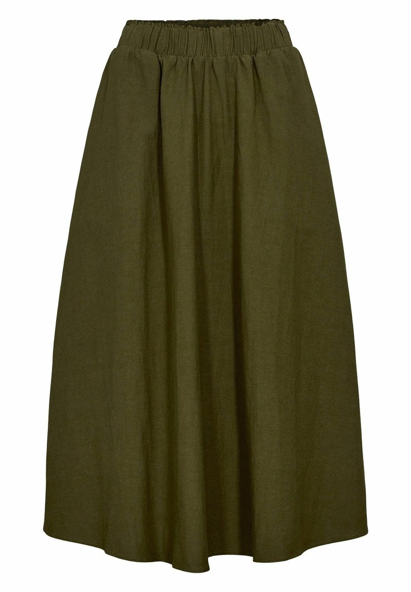 Jupe vert olive de longueur moyenne en tissu texturé. Elle possède une ceinture élastique et un design ample et froncé pour le volume.