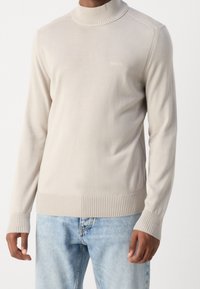 Pull à col roulé beige clair en tissu tricoté doux. Col et poignets côtelés, avec un marquage minimal dans un fil assorti. Associé à un jean bleu.
