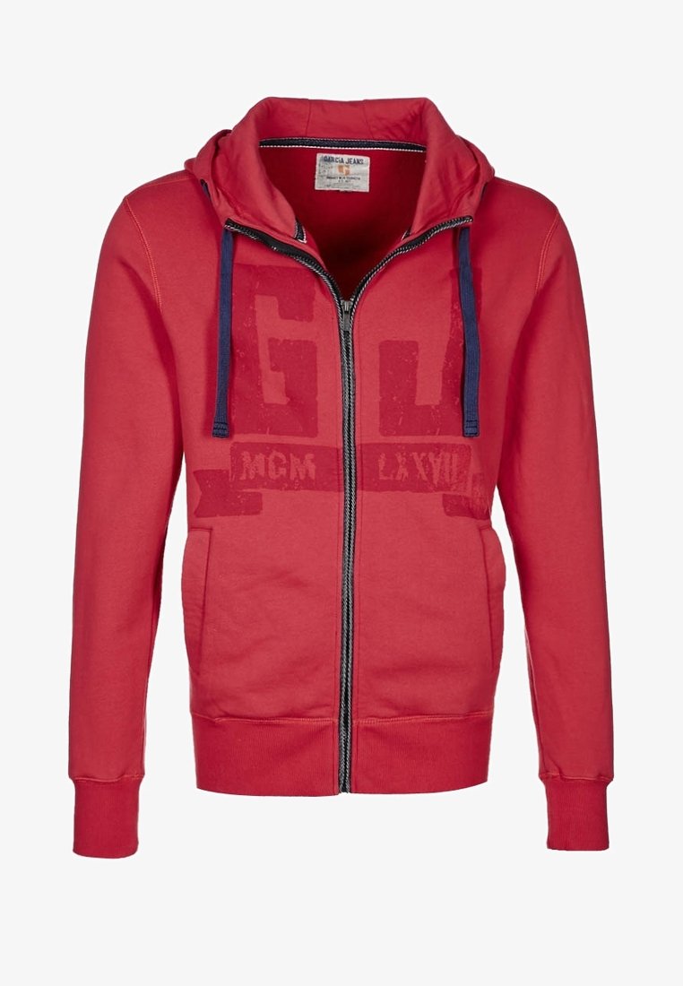 Sudadera con capucha roja con cremallera, con un logo en la parte delantera, capucha con cordones y puños acanalados. Hecha de tela suave con un corte regular.