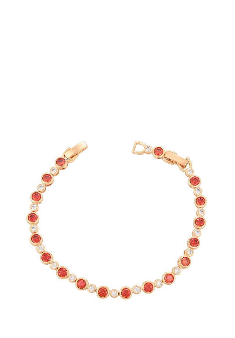 Bracciale d'oro con pietre rotonde rosse e trasparenti alternate. Finitura liscia, chiusura sicura e design simmetrico.