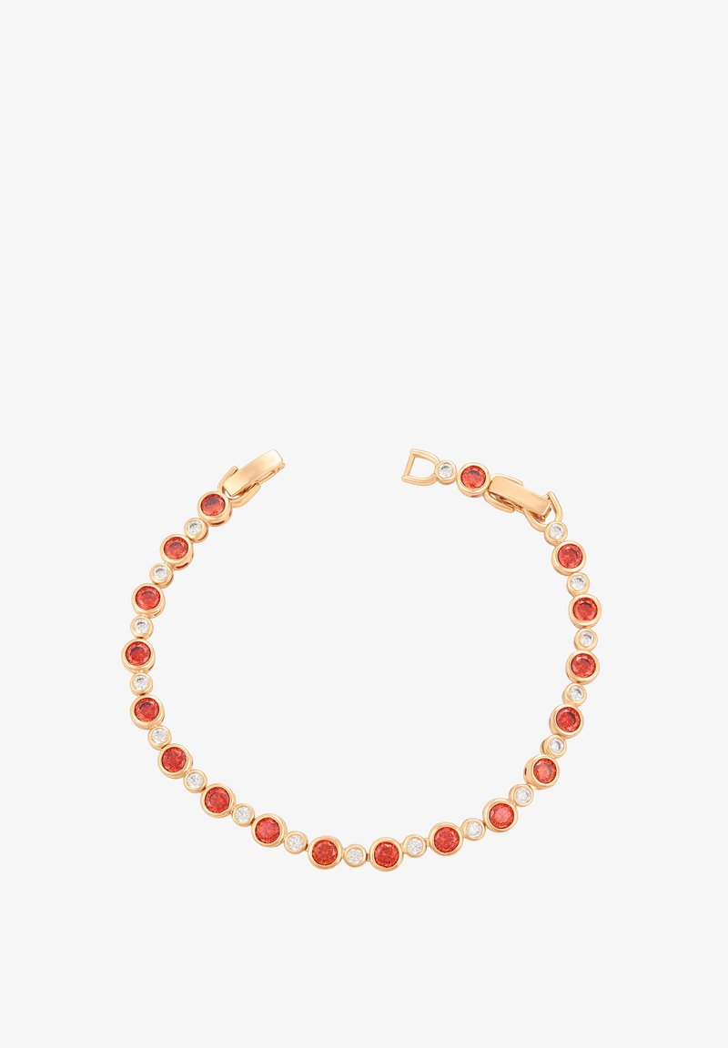 Zlatý náramok s striedajúcimi sa okrúhlymi červenými a priesvitnými kamienkami. Hladký povrch, bezpečné zapínanie a symetrický dizajn.