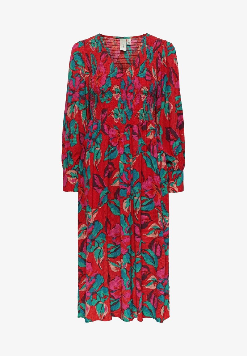 Robe rouge à manches longues avec motif floral vert et rose, col en V, taille froncée et jupe plissée.