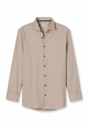 Beige long-sleeve men's dress shirt with dark buttons, classic collar, and cuffs, laid flat on a white background.