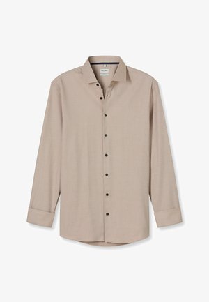 Beige long-sleeve men's dress shirt with dark buttons, classic collar, and cuffs, laid flat on a white background.