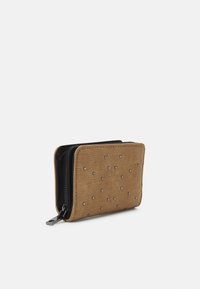 Brown textured wallet with silver stud accents, featuring a zip closure and black inner lining. Compact rectangular shape.