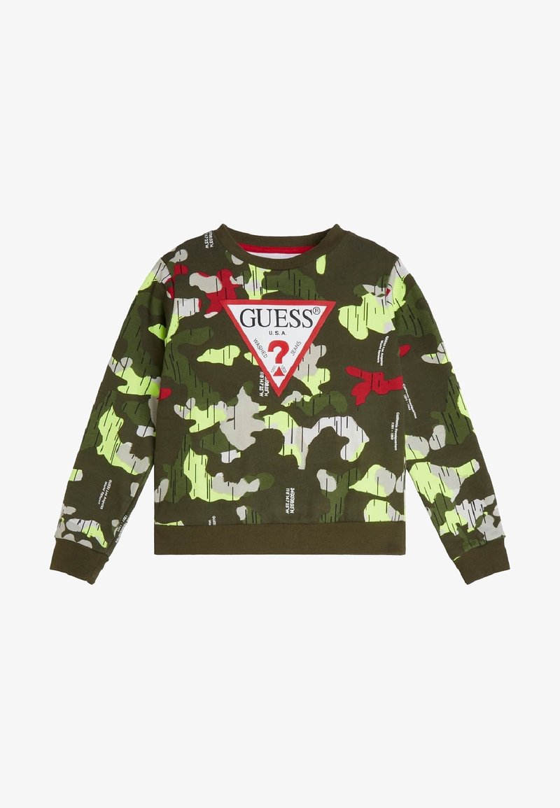 Long-sleeve green camouflage sweatshirt with red, gray, and yellow accents and a large red and white Guess logo on the chest.