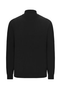 Maglione nero a collo alto realizzato in morbido tessuto lavorato a maglia, con maniche lunghe e bordo a costine sul colletto e sull'orlo. Design semplice e versatile.