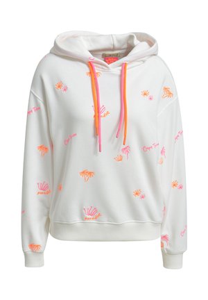 Weißer Hoodie mit pinken und orangen Palmen und „Cape Town“-Drucken, mit pinken und orangen Kordeln sowie gerippten Bündchen und Saum.