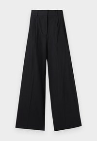 Wide-leg trousers in black with a pinstripe pattern. Made of a smooth material, featuring a high waist and front pleats.