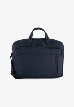 Granatowa torba na laptopa z tkaniny z podwójnymi uchwytami, przednią kieszenią zapinaną na zamek i regulowanym paskiem na ramię.