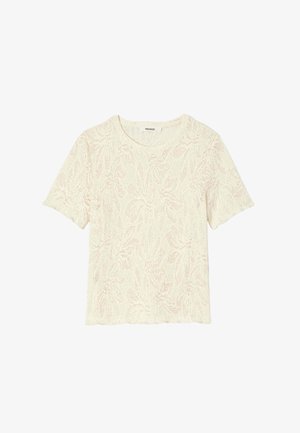 Haut en maille manches courtes couleur crème avec un subtil motif en dentelle florale et un col rond, étiqueté « PROMOD » à l'intérieur du col.