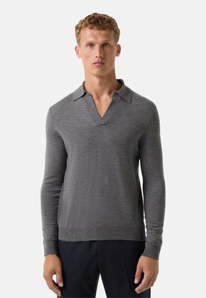 Gray long-sleeve pullover with a V-neck and collar. Soft texture, fitted shape, and ribbed cuffs. Minimalist design, no visible patterns.