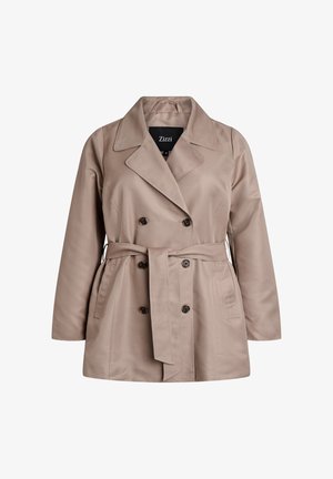 Beige trench coat with a double-breasted design, large lapels, side pockets, and a matching belt. Smooth texture and classic cut.