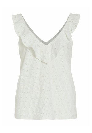 Blusa blanca sin mangas con tela de ojales, escote en V y ribete fruncido a lo largo del escote y los hombros.