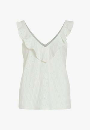 Fehér ujjatlan blúz izzasztó folyással, V-nyakkivágással és fodros díszítéssel a nyakkivágás és a vállak mentén.