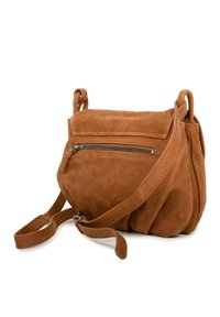 Brown suede handbag with a zippered front pocket, adjustable strap, and soft, textured exterior; features rounded shape with pleated sides.